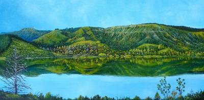 "Lake Tutira" - Looking from the church near Tutira Station. - Painting by Graham Stichbury, an artist from Hawke's Bay, New Zealand.