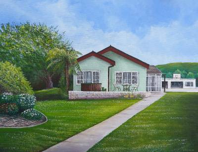 "Rural Home" - A pleasant rural Hawkes Bay setting - Painting by Graham Stichbury, an artist from Hawke's Bay, New Zealand.