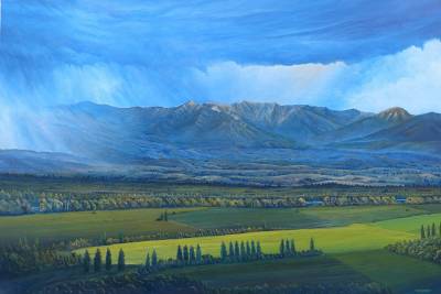 "Ruataniwha Plains" - The sun strikes the peaks of Rangioteatua and Te Atuaoparapara which are separated by the Waipawa Saddle. From here the Waipawa River flows down and across the Ruataniwha Plains. - Painting by Graham Stichbury, an artist from Hawke's Bay, New Zealand.