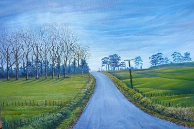 "College Road Number 2." - A storm drifts across the farmland along College Road leading to Pukehou, Central Hawkes Bay. - Painting by Graham Stichbury, an artist from Hawke's Bay, New Zealand.