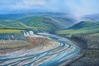 "Ngaruroro River at Whanawhana" - The Ngaruroro River emerges from the ranges and starts its run across the plains to the sea - Painting by Graham Stichbury, an artist from Hawke's Bay, New Zealand.