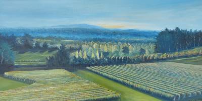 "Heretaunga Plains From Tukituki Road" - The sun creeps down over the Kaweka Ranges. - Painting by Graham Stichbury, an artist from Hawke's Bay, New Zealand.