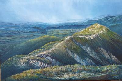 "Armstrong Saddle" - From the exposed ridges the view reveals the coming storm drifting across the plains. - Painting by Graham Stichbury, an artist from Hawke's Bay, New Zealand.