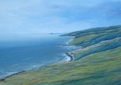 "Akitio Road Looking South" - From the road leading down to Akitio Beach there are good views looking south to Castle Point. - Painting by Graham Stichbury, an artist from Hawke's Bay, New Zealand.