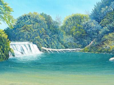 "Maraetotara Falls" - This popular swimming spot attracts many visitors some of whom leap from the falls down into the pool below. - Painting by Graham Stichbury, an artist from Hawke's Bay, New Zealand.