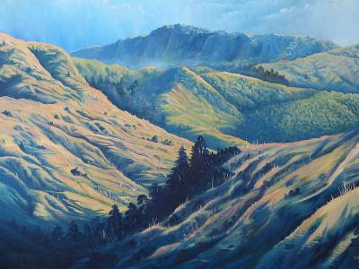 "Moumoukai" - This bluff stands strong as it looks down on Morere. - Painting by Graham Stichbury, an artist from Hawke's Bay, New Zealand.