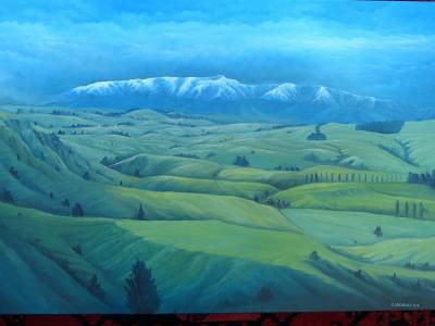 "Kaweka Ranges" - Looking towards Puketitiri the Kaweka Ranges appear above the farm land. - Painting by Graham Stichbury, an artist from Hawke's Bay, New Zealand.