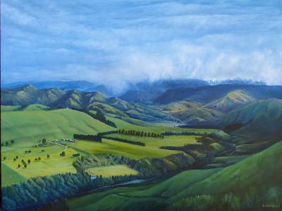 "Ruahine Ranges" - The Ruahine Ranges appear impenetrable as viewed from Hardy Road. - Painting by Graham Stichbury, an artist from Hawke's Bay, New Zealand.