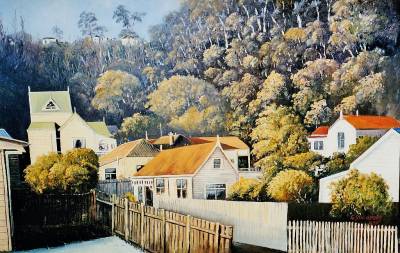 "Burke Street" - A narrow street just off Main Road, Napier. - Painting by Graham Stichbury, an artist from Hawke's Bay, New Zealand.