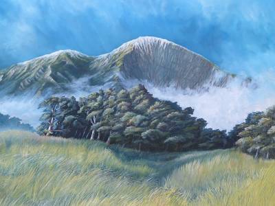 "From Sunrise Hut" - The clouds swirl around the peaks as seen from Sunrise Hut - Painting by Graham Stichbury, an artist from Hawke's Bay, New Zealand.