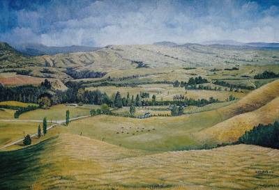 "Whanawhana Station" - Looking towards the Kaweka Ranges. - Painting by Graham Stichbury, an artist from Hawke's Bay, New Zealand.