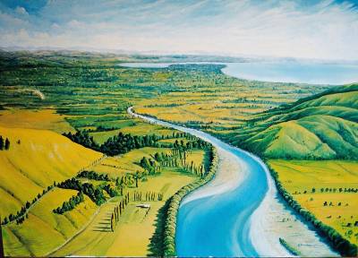 "Tukituki River" - Looking towards Napier from Tukituki Valley - Painting by Graham Stichbury, an artist from Hawke's Bay, New Zealand.