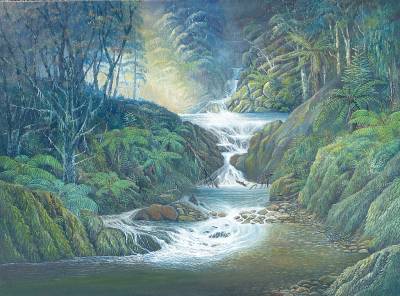 "Sheldon's Stream" - Sheldon shared with only his closest acquaintances the location of this pristine bush stream. - Painting by Graham Stichbury, an artist from Hawke's Bay, New Zealand.