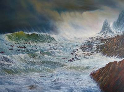 "The SS Ulster's Final Destination" - The turbulent seascape just days before the wreck of the SS Ulster. From the imaginary Wild South Seas series - Painting by Graham Stichbury, an artist from Hawke's Bay, New Zealand.