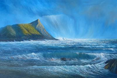 "Bedelia Island" - This island stands at the entrance to Dreadnought Bay. Part of the imaginary 'Wild South Seas' series - Painting by Graham Stichbury, an artist from Hawke's Bay, New Zealand.