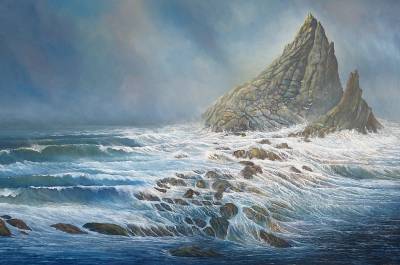 "The Shark's Tooth" - Buffeted by the weather the 'Shark's Tooth' is slowly succumbing to the elements. Part of the imaginary 'Wild South Seas' series. - Painting by Graham Stichbury, an artist from Hawke's Bay, New Zealand.