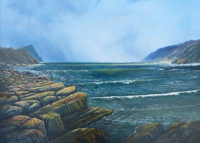 "Dreadnought Bay" - A storm drifts across the entrance to the bay. Part of the imaginary 'Wild South Seas' series. - Painting by Graham Stichbury, an artist from Hawke's Bay, New Zealand.