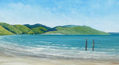 "Akitio Beach" - These two surviving sentinels indicate where the old wharf stood until succumbing to the waves. - Painting by Graham Stichbury, an artist from Hawke's Bay, New Zealand.