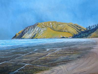 "Te Pariomahu (Blackhead Beach)" - The canal-like patterns on the rocky shelves are exposed at low tide. - Painting by Graham Stichbury, an artist from Hawke's Bay, New Zealand.