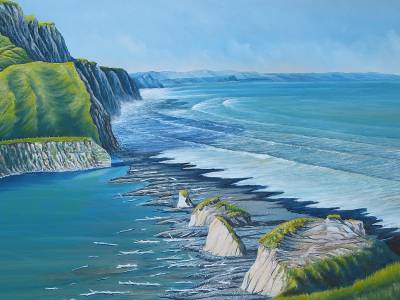 "Waihua Beach" - The last rocky sentinels guard the Waihua River mouth at this beautiful little beach just south of Wairoa. - Painting by Graham Stichbury, an artist from Hawke's Bay, New Zealand.