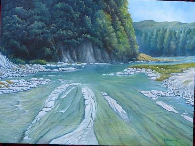 "Doneraille Park" - This idyllic camping and picnic site, through which the Hangaroa River flows, is found near Tiniroto on the Gisborne to Wairoa "back" road. - Painting by Graham Stichbury, an artist from Hawke's Bay, New Zealand.