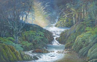 "Sheldon's Stream" - Sheldon shared with only his closest acquaintances the location of this pristine bush stream. - Painting by Graham Stichbury, an artist from Hawke's Bay, New Zealand.