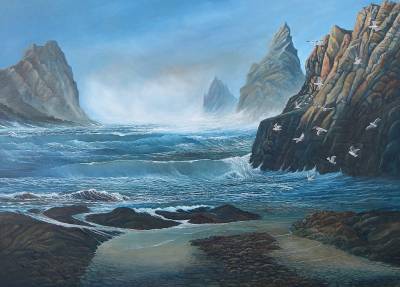 "The Four Horsemen of the Apocalypse." - These rocks were always given a wide berth by early mariners. Part of the imaginary 'Wild South Seas' series. - Painting by Graham Stichbury, an artist from Hawke's Bay, New Zealand.