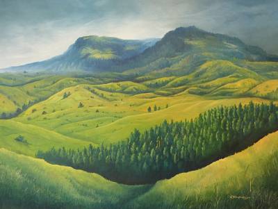 "Whakapunaki" - After being lashed by rain the sun catches the brooding Whakapunaki Bluff. A scene from the Parikanapa Road near Tiniroto. - Painting by Graham Stichbury, an artist from Hawke's Bay, New Zealand.