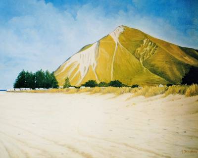 "Aramoana Beach" - looking south along the beach - Painting by Graham Stichbury, an artist from Hawke's Bay, New Zealand.