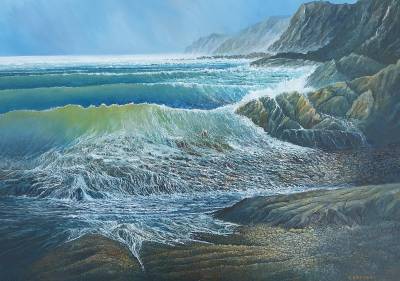 "the Cliffs of Bree" - A savage section of the southern coast which offers no safety for any ships in trouble. Part of the imaginary 'Wild South Seas' series. - Painting by Graham Stichbury, an artist from Hawke's Bay, New Zealand.