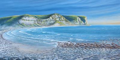 "Stingray Bay" - The first rays of the sun strike the cliffs that run along the northern end of the bay. - Painting by Graham Stichbury, an artist from Hawke's Bay, New Zealand.