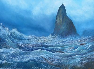 "The Citadel" - This great rock tower, marked on maps as 'The Citadel', has been the scene of several wrecks of ships which have misjudged the line of the channel at the entrance to Caledonia Bay. Part of the imaginary series of the Wild South Seas'. - Painting by Graham Stichbury, an artist from Hawke's Bay, New Zealand.