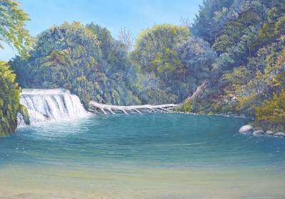 "Maraetotara Falls" - This popular swimming spot attracts many visitors some of whom leap from the falls down into the pool below. - Painting by Graham Stichbury, an artist from Hawke's Bay, New Zealand.