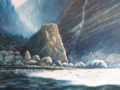 "Mountain River" - The river moves around a large rock before plunging into a gorge. - Painting by Graham Stichbury, an artist from Hawke's Bay, New Zealand.