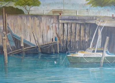 "Safe mooring" - Inner Harbour Napier - Painting by Graham Stichbury, an artist from Hawke's Bay, New Zealand.