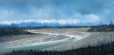 "The Tukituki River" - The Tukituki River meanders across the plains with the Ruahine Ranges coated with new snow in the background. Near Tikokino. - Painting by Graham Stichbury, an artist from Hawke's Bay, New Zealand.