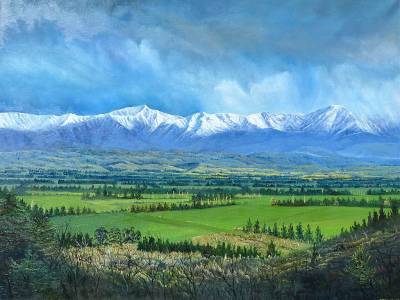 "Ruahine Range From Pukeora" - A receding storm leaves the Ruahine Ranges coated with new snow. From Pukeora Hill. - Painting by Graham Stichbury, an artist from Hawke's Bay, New Zealand.