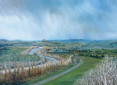 "Waipukurau From Pukeora Hill" - The Tukituki River flows through Waipukurau township. - Painting by Graham Stichbury, an artist from Hawke's Bay, New Zealand.