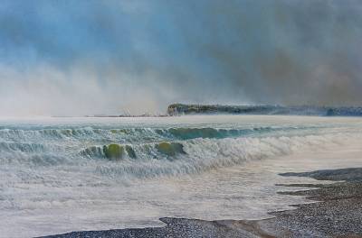 "Napier From Westshore Beach" - Napier emerges after a morning storm. - Painting by Graham Stichbury, an artist from Hawke's Bay, New Zealand.