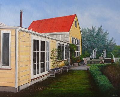 "Old School House" - A Marlborough school house converted into family home. - Painting by Graham Stichbury, an artist from Hawke's Bay, New Zealand.