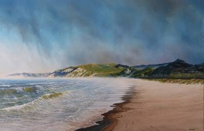 "Ocean Beach" - Looking south along Ocean Beach. - Painting by Graham Stichbury, an artist from Hawke's Bay, New Zealand.