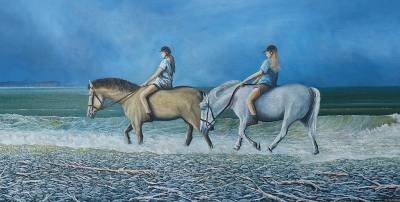 "Heading Home Before The Storm" - Two horse riders head home along the Te Awanga Beach - Painting by Graham Stichbury, an artist from Hawke's Bay, New Zealand.