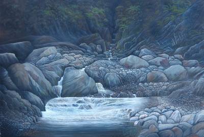 "McEwan's Limit" - In the 1880s surveyor Thomas McEwan explored the upper reaches of the stream that now bears his name. (Part of the imaginary ‘Exploration’ series). - Painting by Graham Stichbury, an artist from Hawke's Bay, New Zealand.