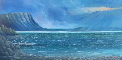 "Lake Waikaremoana" - The "Sea of Rippling Waters," under Panekiri Bluff, is highlighted by a slash of sunlight. - Painting by Graham Stichbury, an artist from Hawke's Bay, New Zealand.