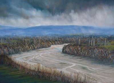 "Waipawa River" - The Waipawa River winds its way towards the Waipawa town. - Painting by Graham Stichbury, an artist from Hawke's Bay, New Zealand.