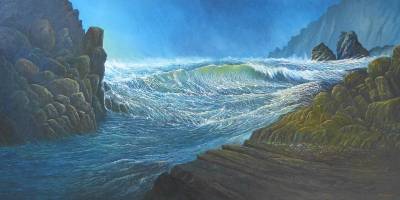 "North of Pegasus Point" - The wild unforgiving coastline is battered by storm driven waves. Part of the imaginary 'Wild South Seas' series.. - Painting by Graham Stichbury, an artist from Hawke's Bay, New Zealand.