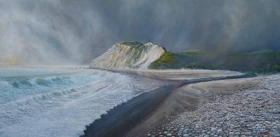 "Whangaehu Beach" - The early morning sunlight strikes the cliffs at Whangaehu Beach (south of Porangahau) - Painting by Graham Stichbury, an artist from Hawke's Bay, New Zealand.