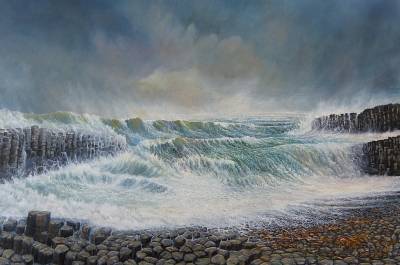 "Basalt Rocks - Chatham Islands" - Inspired by the crashing waves against the basalt rocks on the Chatham Islands. - Painting by Graham Stichbury, an artist from Hawke's Bay, New Zealand.