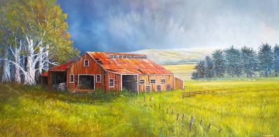 "Woolshed" - The scene of many days hard work the woolshed now stands idle. - Painting by Graham Stichbury, an artist from Hawke's Bay, New Zealand.