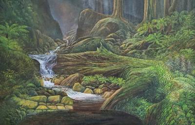 "FALLEN GIANT" - The creek leads to the resting place of a fallen giant of the forest. - Painting by Graham Stichbury, an artist from Hawke's Bay, New Zealand.